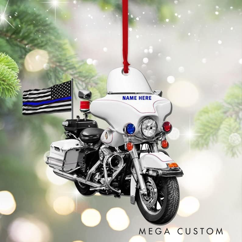 Personalized Police Motorcycle Christmas Ornament with Thin Blue Line Flag Gift for Police