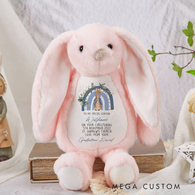 Personalized Godson Christening Peter Rabbit Plush Stuffed Animal Toy with Name Naming Day Baptism Christening Gift