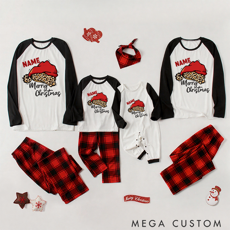 Personalized Family Christmas Gift Leopard Santa Hat Pattern Design Family Matching Pajamas
