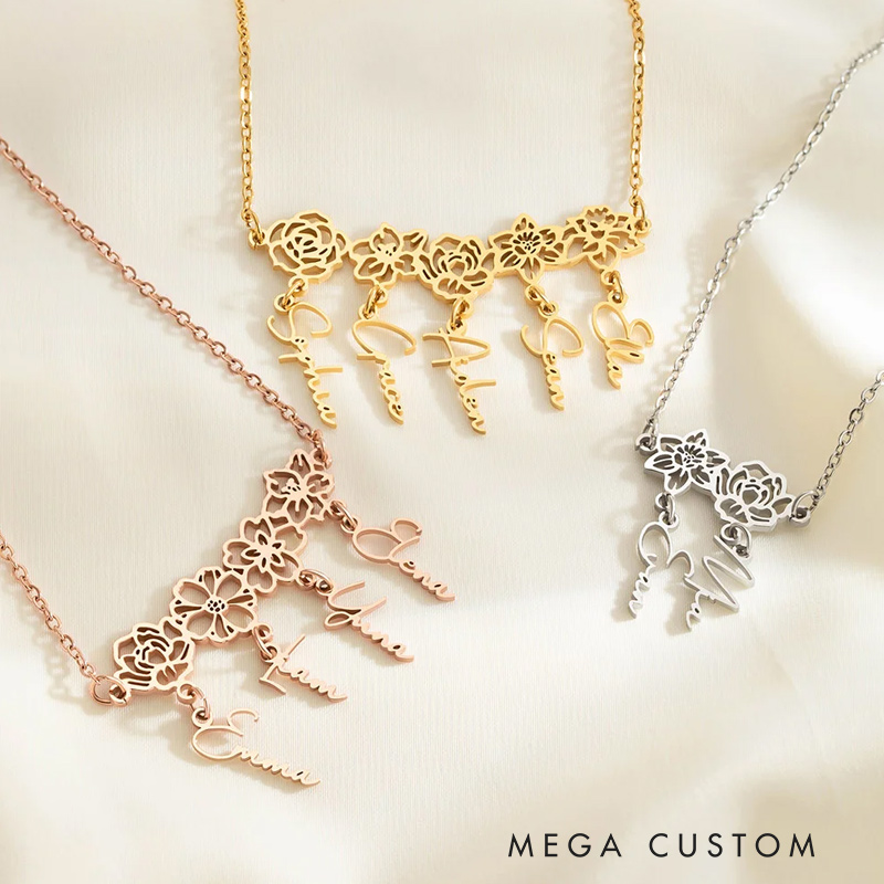 Personalized Birth Flower Necklace with 1-8 Names Woman Jewelry Gardening Loves Gift for Mom Grandmother