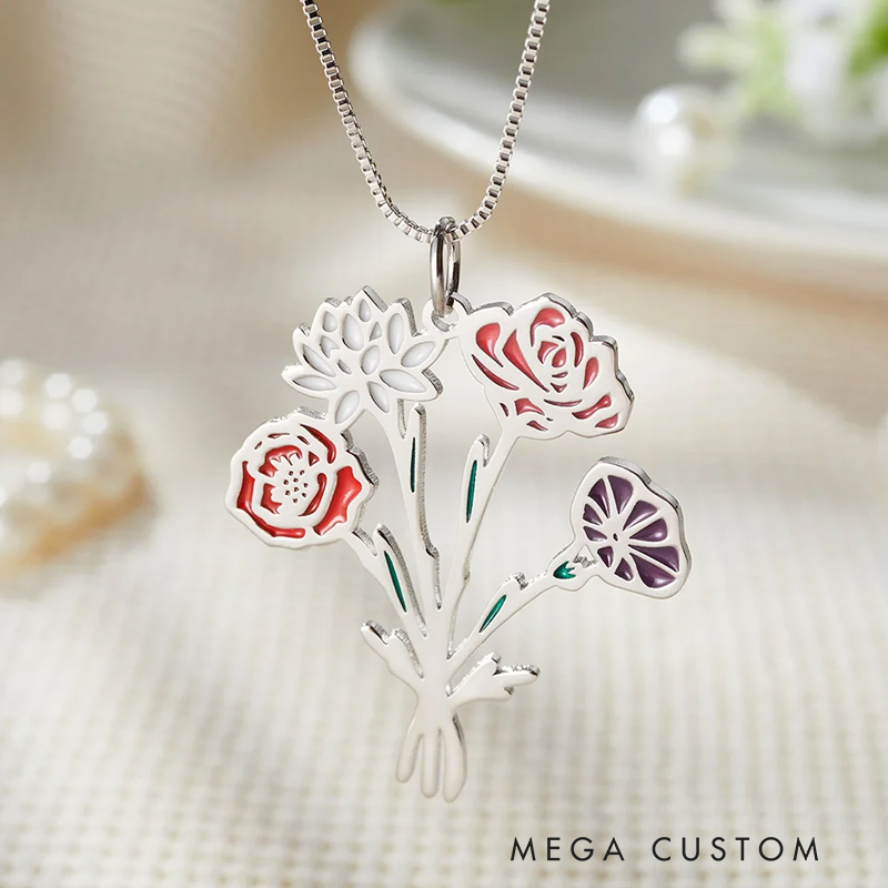 Personalized 1-7 Enamel Birth Flower Family Bouquet Pendant Necklace Birthday Mother's Day Gardening Loves Gift for Mom Grandma