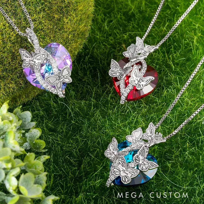 Personalized Birth Month Butterfly Zircon Crystal Heart Pendant Necklace with 1-6 Engraved Name Birthday Mother's Day Gardening Loves Gift for Women