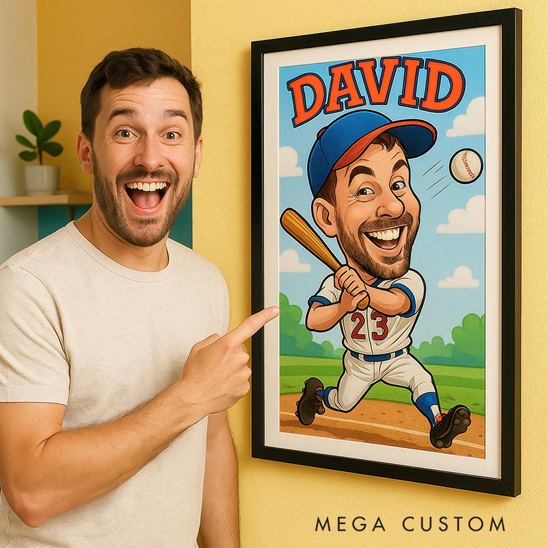 Personalized Baseball Caricature from Photo Wall Art Poster Without Frame Funny Hand Drawn Style Art Gift for Baseball Fans and Athletes 