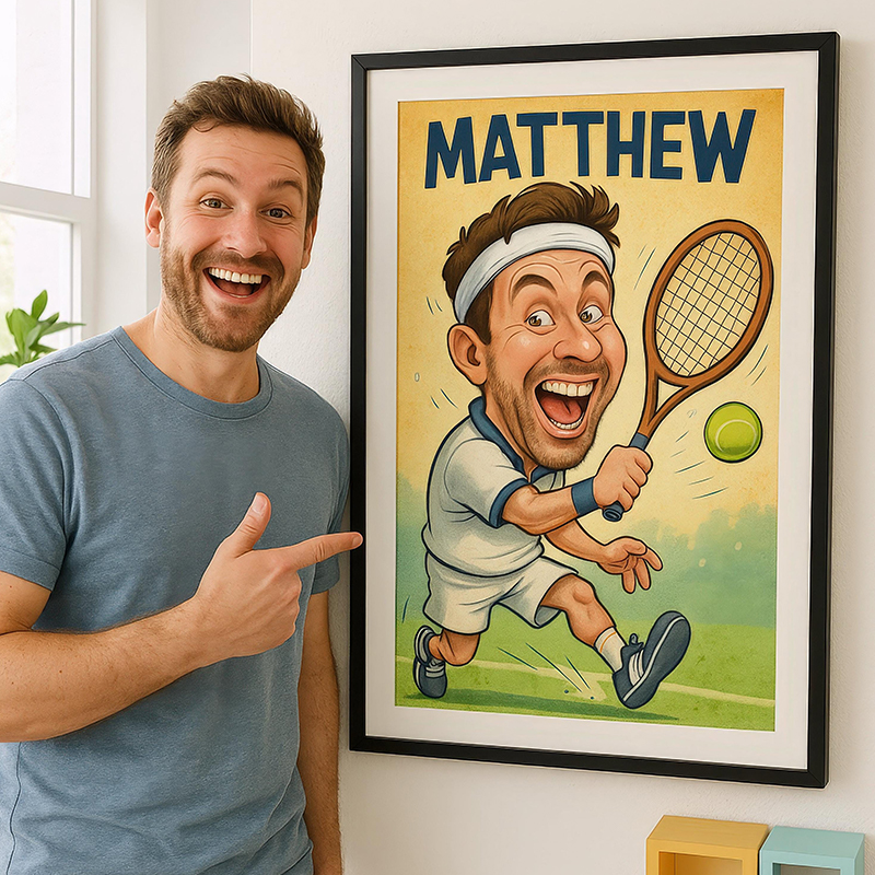 Personalized Funny Tennis Caricature Portrait from Your Photo Wall Art Poster Without Frame with Custom Name    