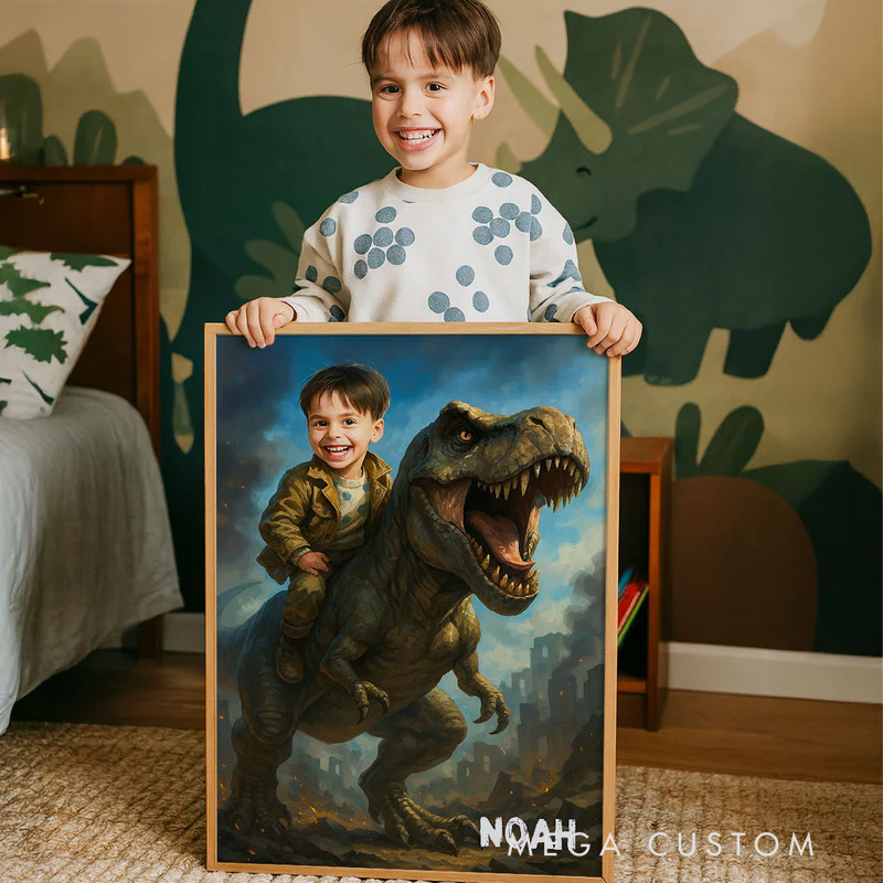 Personalized Child Riding Dinosaur Art Custom Portrait from Photo Personalized Poster Dinosaur Birthday Party Christmas Gifts for Kids and Grandkids