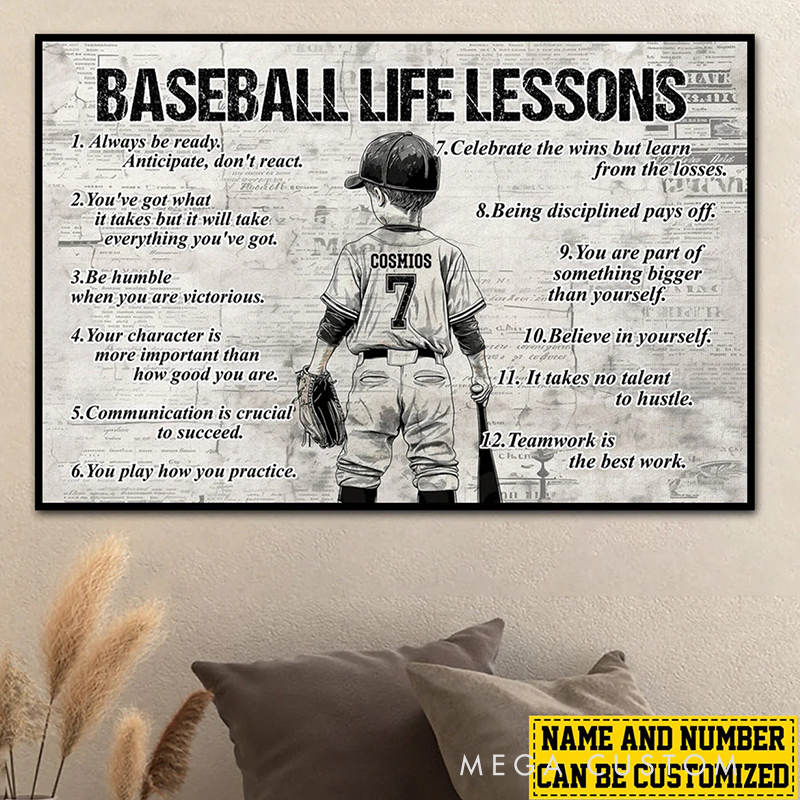Personalized Baseball Life Lessons Wall Art Poster Without Frame with Custom Name and Number  