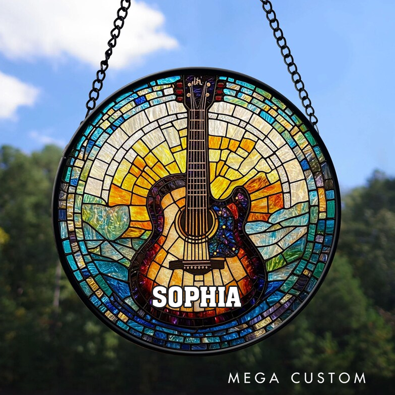 Personalized Name Faux Stained Glass Guitar Suncatcher Musical Instrument Stained Glass Ornament Music Lover and Guitar Lover Gift House Decor