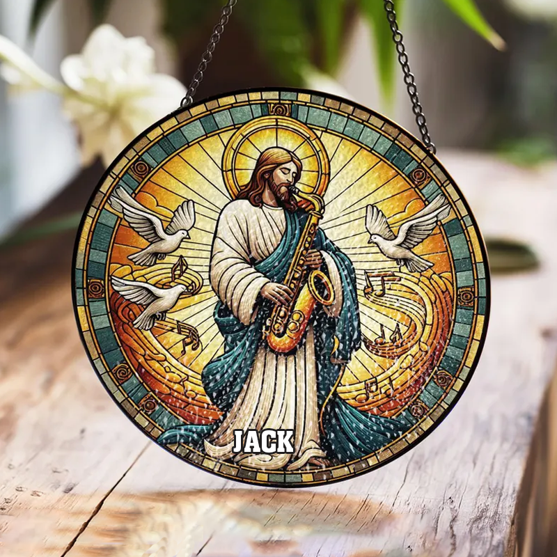 Personalized Name Jesus Playing Saxophone Stained Glass Suncatcher Funny Christian Decor Religious Music Art and Lover Gospel Jazz Gift