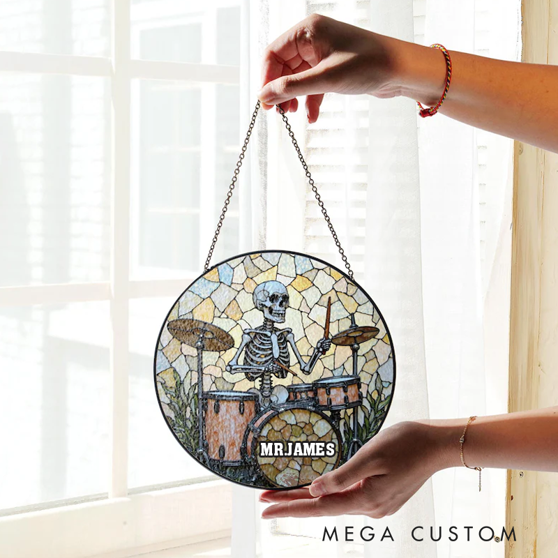 Personalized Name Skeleton Drummer Stained Glass Round Suncatcher Music Art Home Decor Gift for Rock Music Lover