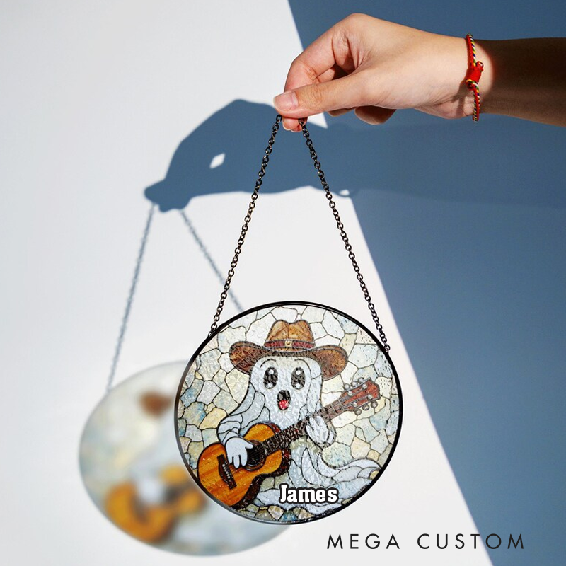 Personalized Name Cute Ghost Playing Guitar Stained Glass Suncatcher Funny Window Decor Gift for Music Lover