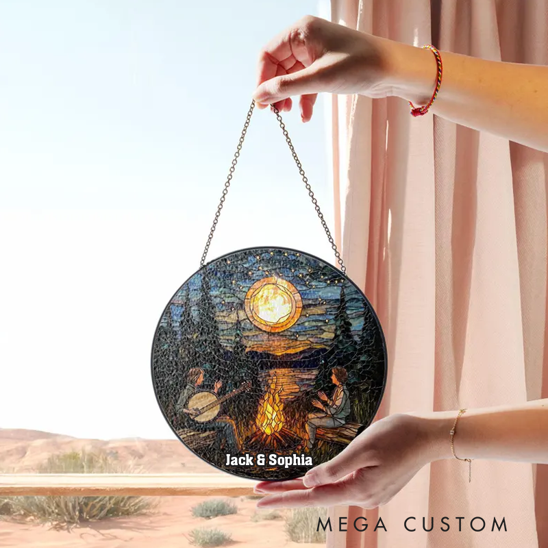 Personalized Name Campfire Banjo Music Stained Glass Nature Lover Stained Glass Art Decor Forest Night Scene Ornament