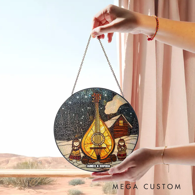 Personalized Name Christmas Gift for Lute Player Stained Glass Musician Hobby Music Ornament String Instrument Stained Glass Cabin Scene Holiday Art