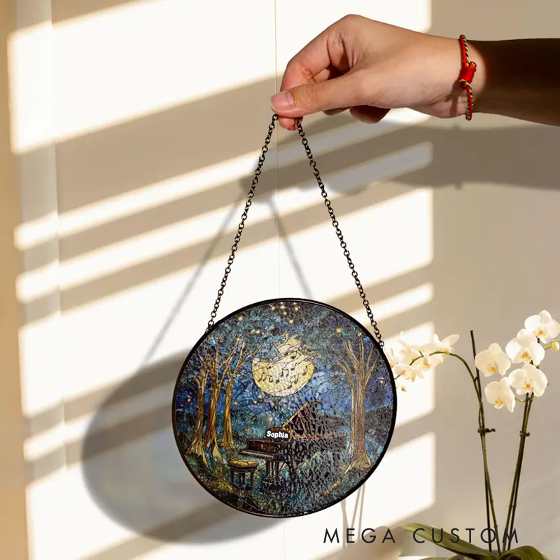 Personalized Name Piano Hobby Stained Glass Musician Job Gift Forest Music Lover Artistic Home Accent Wall Hanging