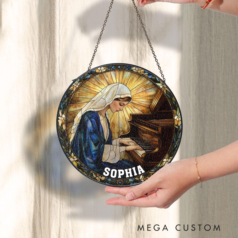 Personalized Name Virgin Mary Piano Stained Glass Suncatcher Catholic Music Lover Stained Glass Religious Pianist Gift Christian Window Hanging