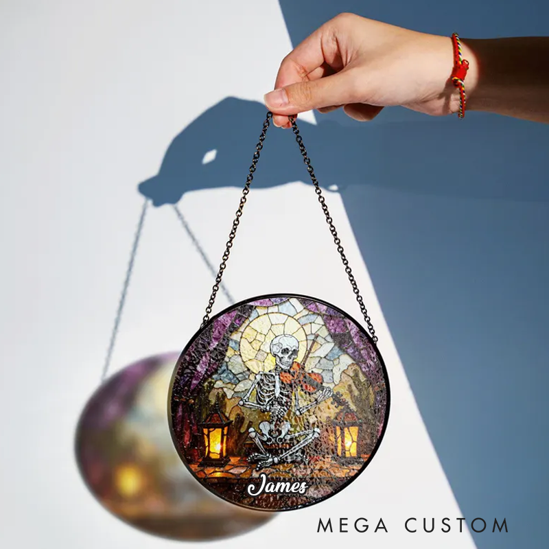 Personalized Name Skeleton Playing Violin Gothic Stained Glass Suncatcher Halloween Window Decor Gift for Music Lovers
