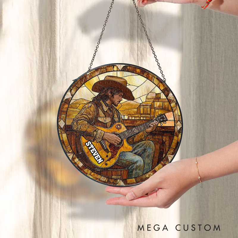 Personalized Name Cowboy Playing Guitar Stained Glass Suncatcher Country Music Lover Suncatcher Gift for Musician Window Hanging