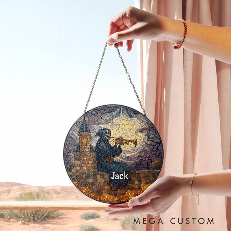 Personalized Name Skeleton Trumpet Player Stained Glass Grim Reaper Musician Suncatcher Halloween Gothic Decor Window Hanging