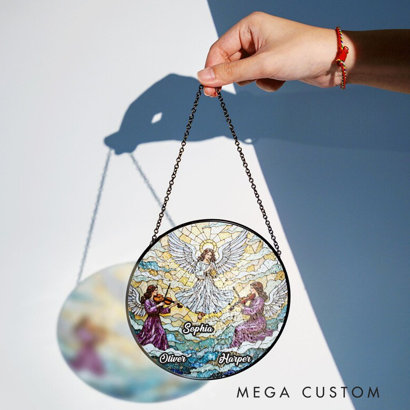 Personalized Name Suncatcher Stained Glass Angel with Two Violinists Christmas Gift for Mom Holiday Home Decor