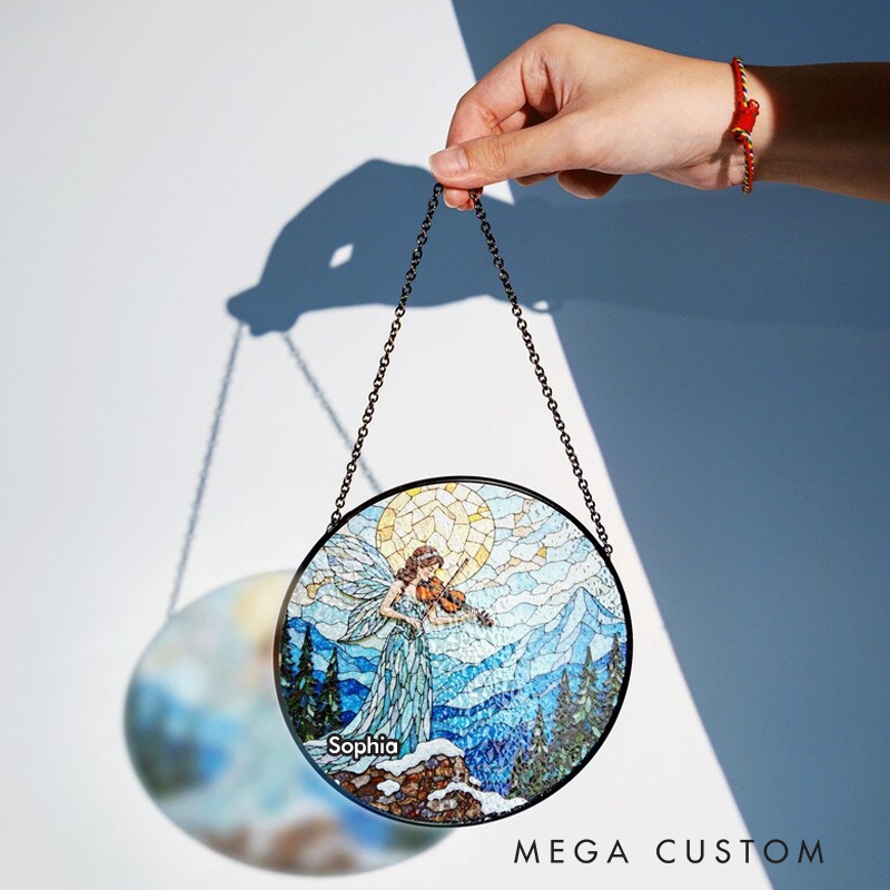 Personalized Name Suncatcher Stained Glass Fairy Playing Violin in Mountain Scene Gift Home Decor