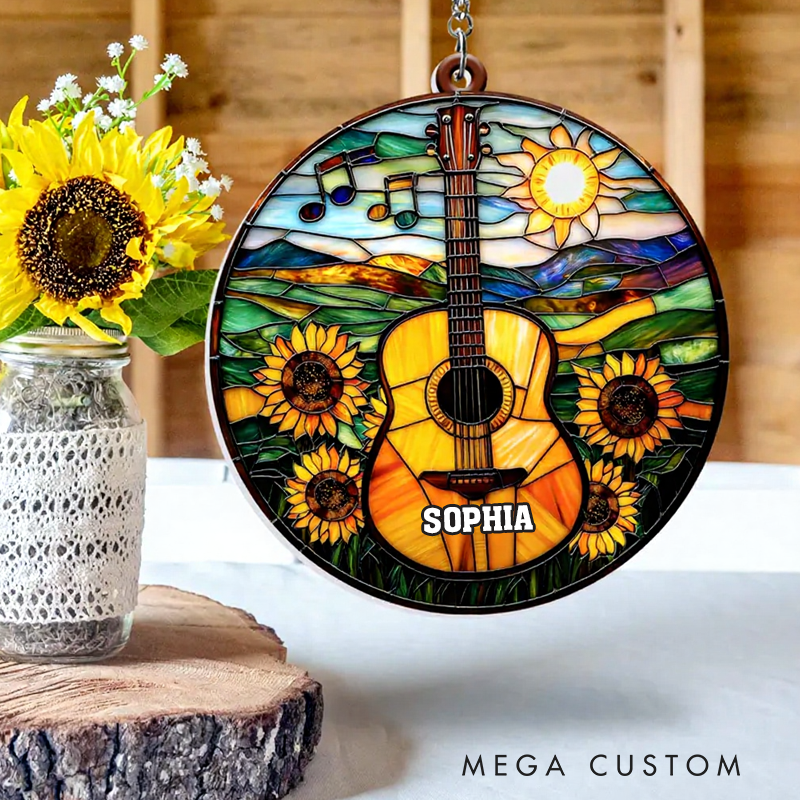 Personalized Name Guitar Suncatcher Guitar Sunflower Ornament Musical Instrument Window Hanging Music Lover Gift Music Suncatcher Guitar Players