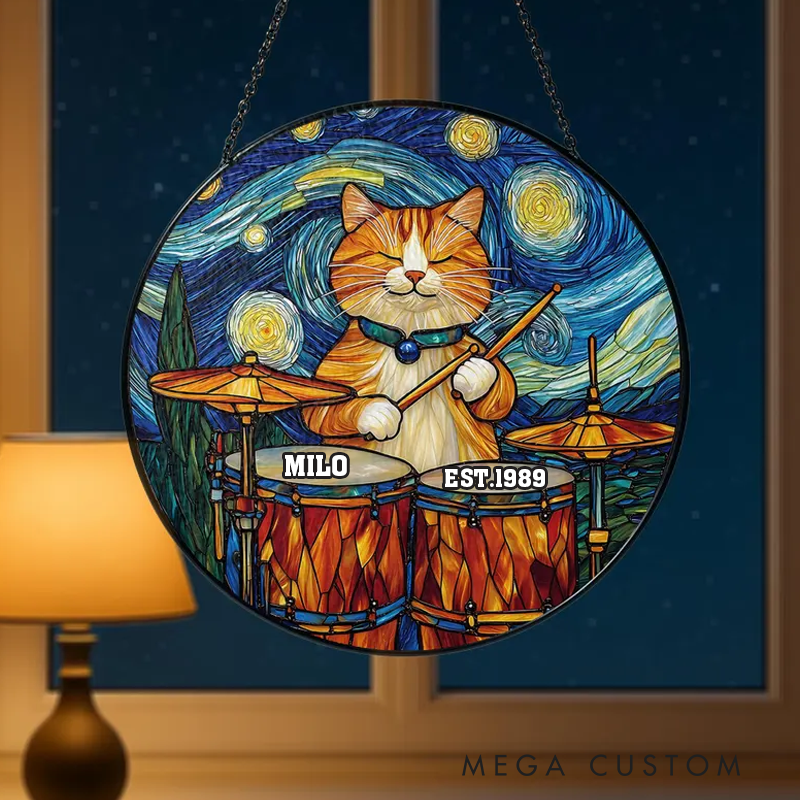 Personalized Name Cat Playing Drums with Starry Night Sky Stained Glass Suncatcher Musical Window Hanging Artistic Home Decor Ornament Gift
