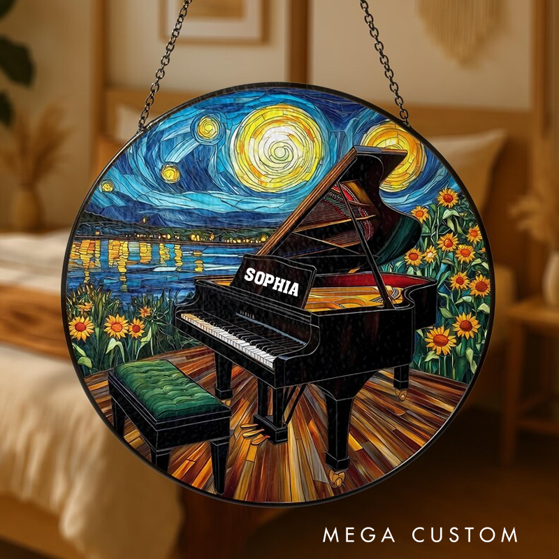 Personalized Name Grand Piano with Starry Night Sky and Sunflowers Stained Glass Suncatcher Artistic Window Hanging Unique Music Home Decor Gift