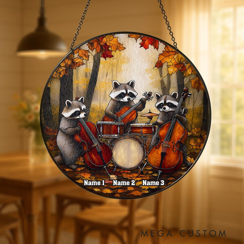 Personalized Name Raccoon Band Stained Glass Suncatcher Autumn Forest Animal with Music Instruments Window Hanging Unique Home Decor