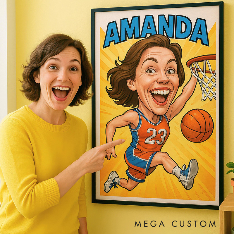 Personalized Borderless Basketball Caricature Poster Featuring Custom Name, Jersey Number, and Fun Illustration
