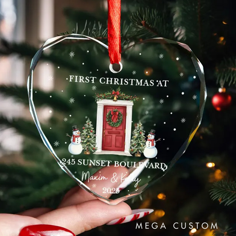 Personalized First Christmas at New Home Ornament Custom Address and Names 2025 Christmas Decoration with Festive Door Snowmen and Tree Design