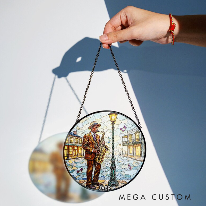 Personalized Name Jazz Saxophone Street Scene Suncatcher Stained Glass Window Decor Gift for Music Lover