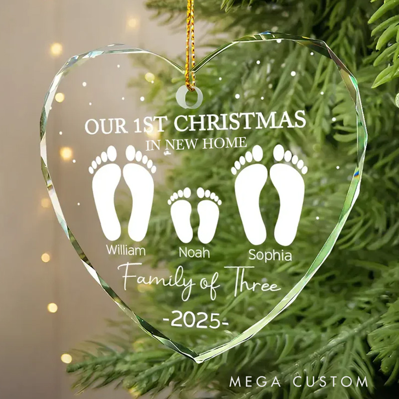 Personalized First Christmas as New Home Family of Four Footprints Custom Heart Shaped Glass Ornament 2025 Christmas Ornament