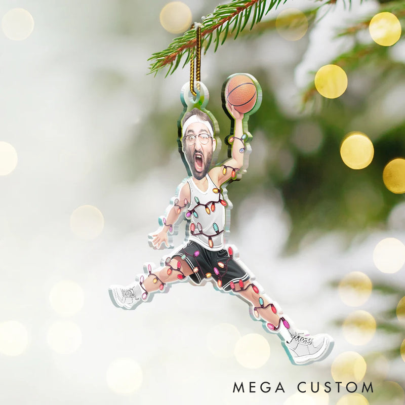 Personalized Basketball Player Christmas Ornament with Custom Face and Festive String Light Design
