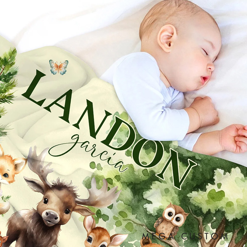 Personalized Cute Forest Animals Fox Rabbit Soft Throw Blanket with Name Nursery Room Decor Birthday Gift for Boys Girls