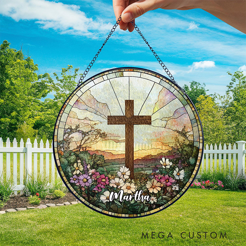 Personalized Stained Glass Cross and Wildflowers Suncatcher Ornament with Name Window Balcony Hanging Decor Christmas Home Decor Religious Faith Gift