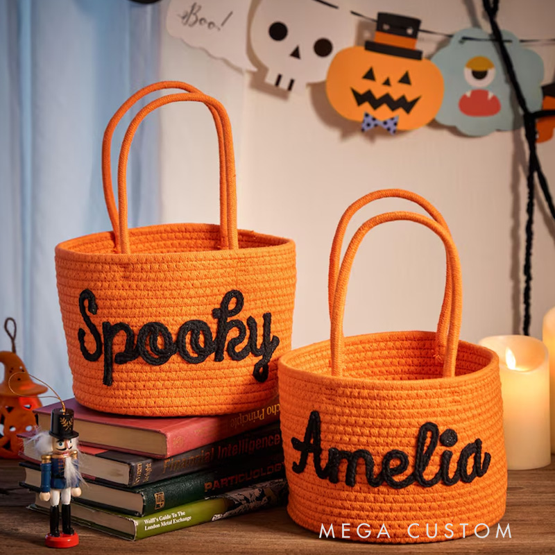 Personalized Halloween Cotton Kids Basket Custom Name Trick-or-Treat Bag Halloween Gift