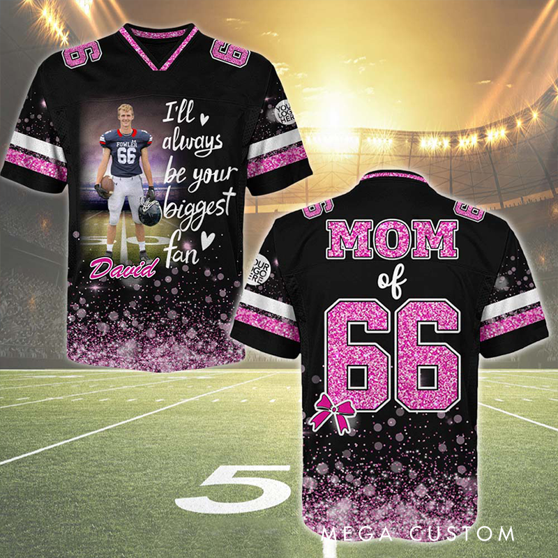 Personalized American Football Jersey with Custom Photo, Name, Number, and Glitter Design