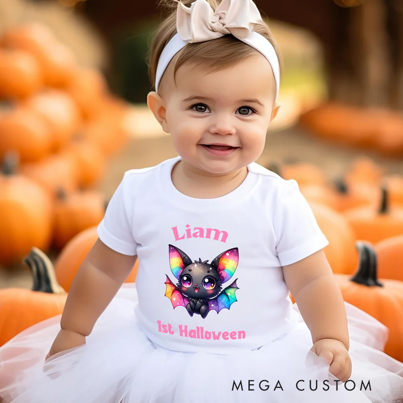 Personalized Cartoon Bat Pumpkin Baby Bodysuit with Name and Text Halloween Gift for Baby Boys Girls