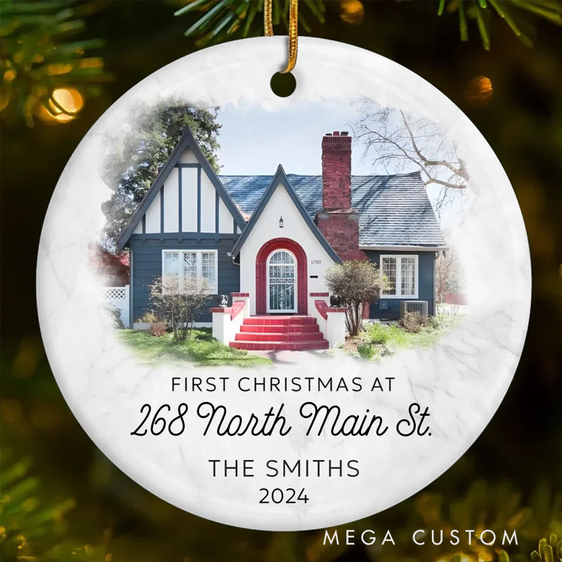 Personalized Photo There's Snow Place Like Home Family Custom Ornament Ceramic Round Shaped Christmas Gift For Family Members First Christmas