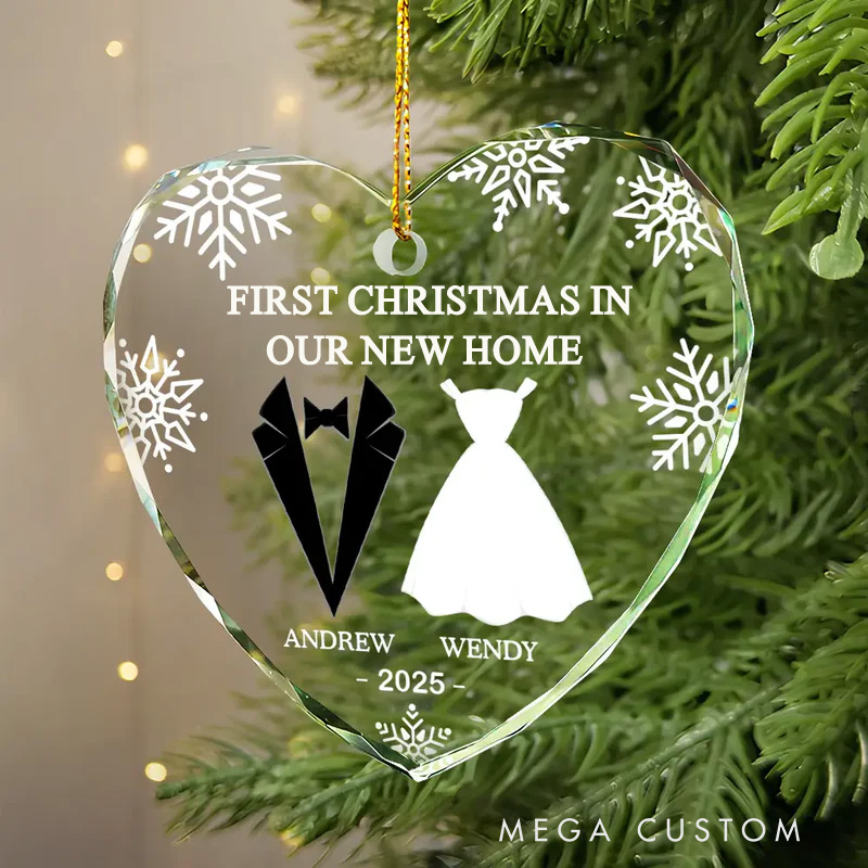 Personalized First Christmas As Married Couples Custom Heart Shaped Glass Ornament
