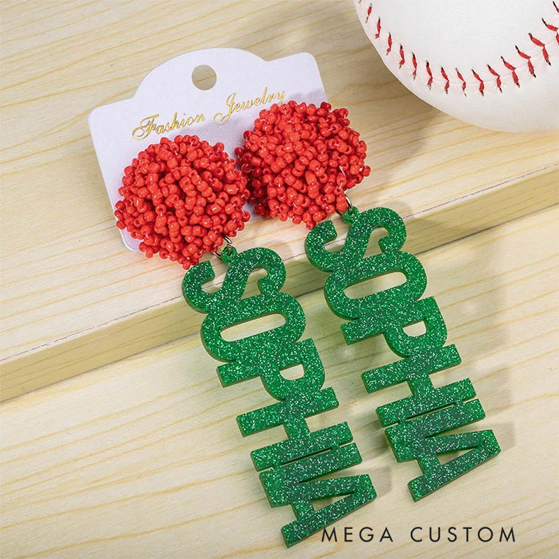 Personalized Glitter Game Day Earrings with Custom Text and Beaded Accent Design