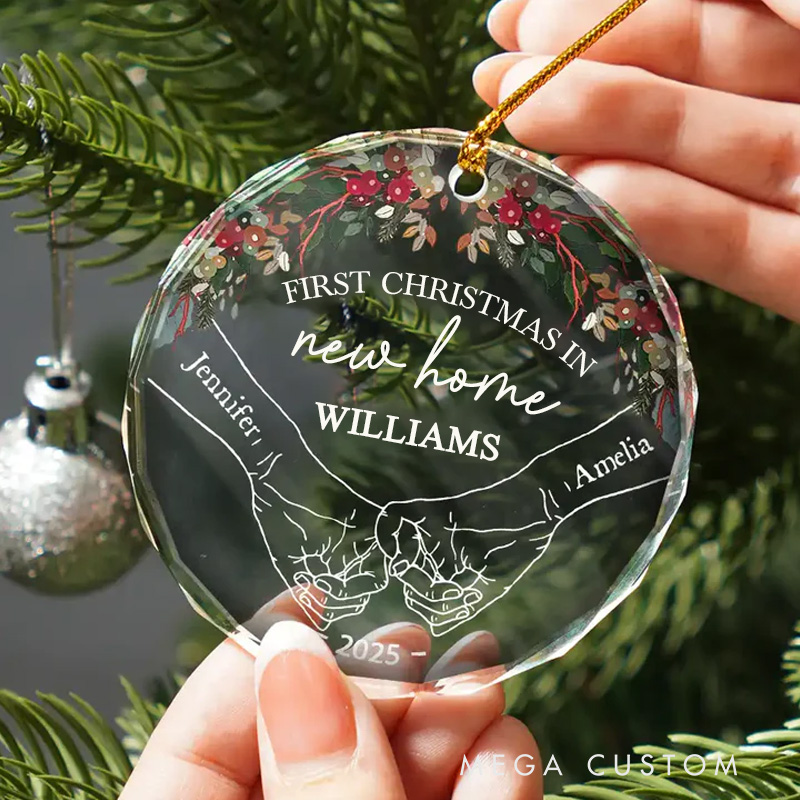 Personalized Holding Hands First Christmas Couple Custom Circle Glass Ornament