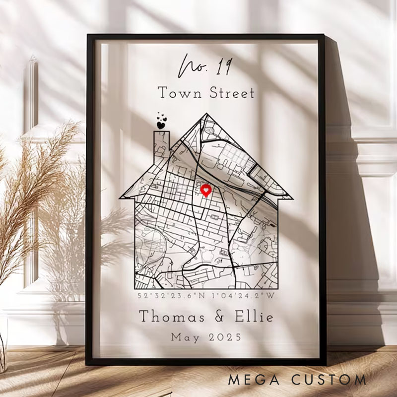 Personalised New Home Map Print and Frames House Shape Decor OS Location Housewarming Gift Custom Moving Present Art Poster Street Address