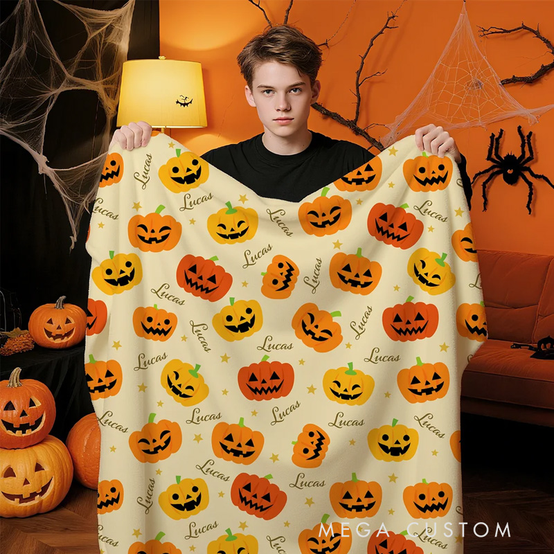 Personalized Halloween Pumpkins Stars Soft Throw Blanket with Name Home Party Decor Halloween Gift for Boys Girls