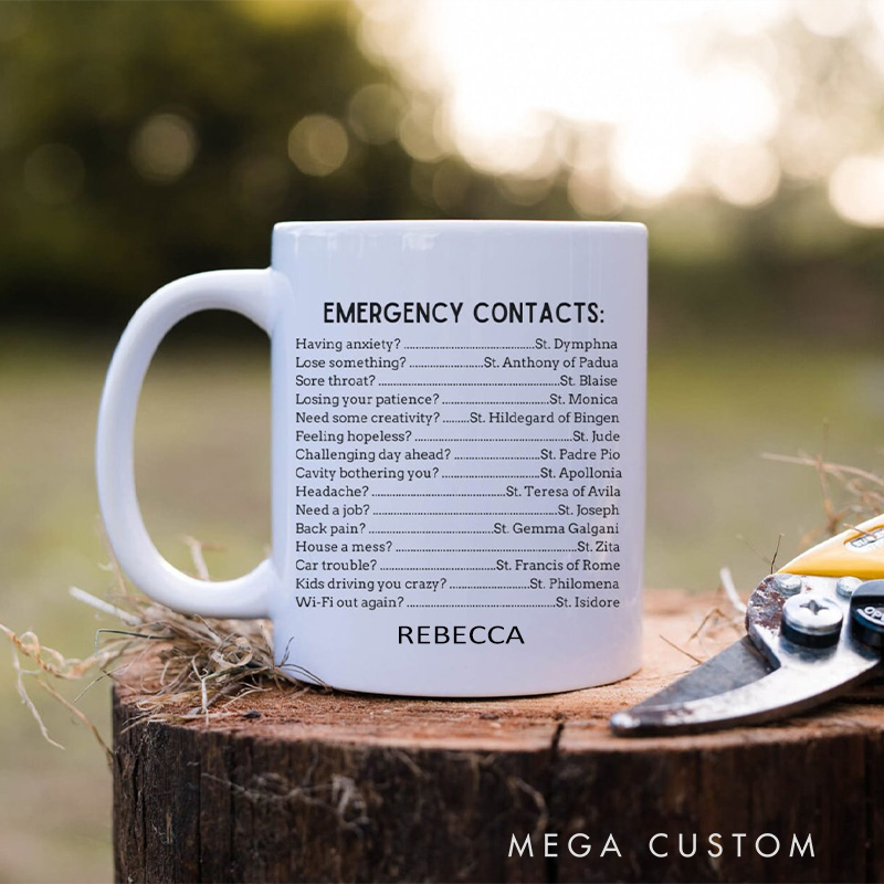 Personalized Emergency Contacts Catholic 11oz 15oz Ceramic Mug with Name All Saints Coffee Mug Godmother Gift Mug Catholic Gifts Confirmation Gifts
