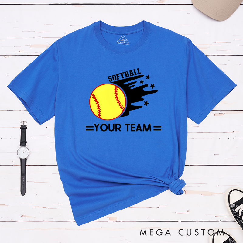 Personalized Softball Team T-Shirt Design Featuring Customizable Team Name Bold Motion Trail Graphic with Stars and Striking Softball Element