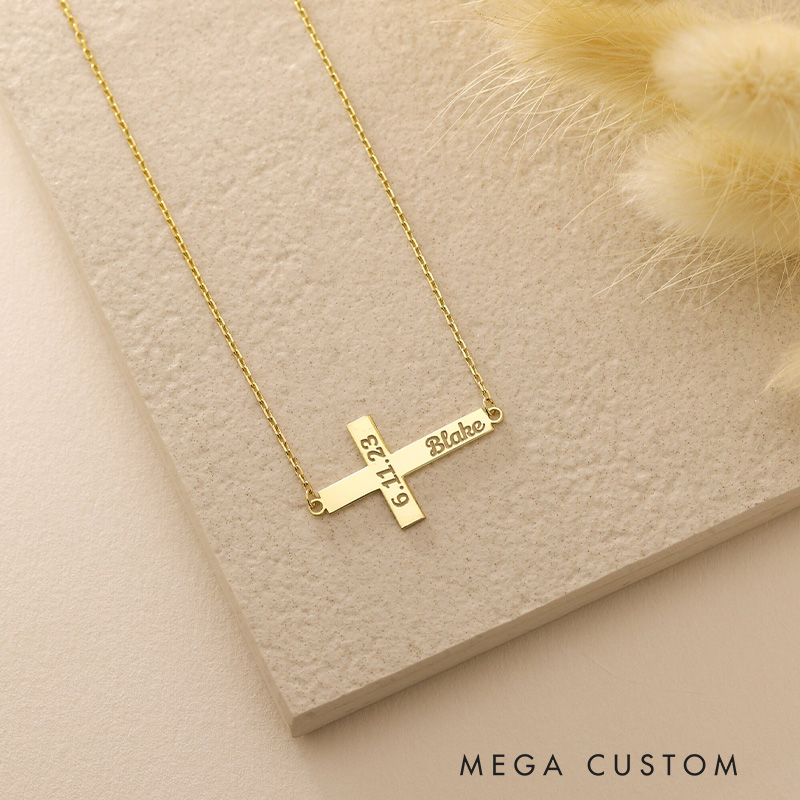 Personalized Cross Necklace with Engraved Name and Date Dainty Jewelry Anniversary Baptism Gift for Christian Women Christian Gifts for Christening