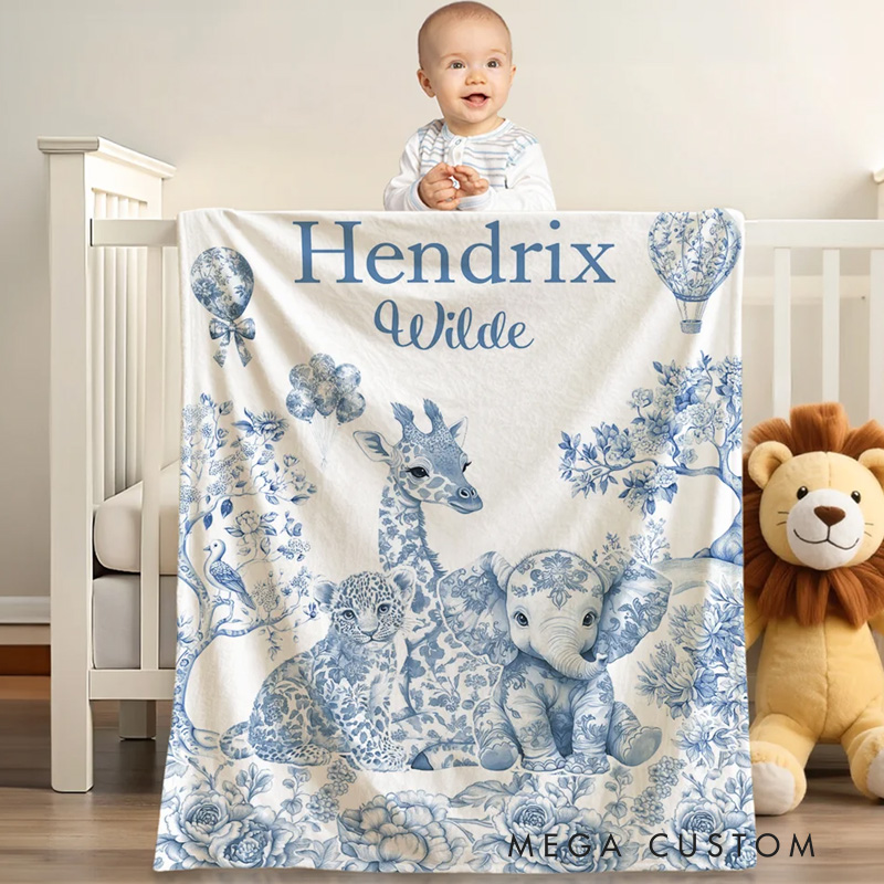 Personalized Mluticolor Floral Leopard Giraffe Elephant Soft Throw Blanket with Name and Surname Nursery Room Gift for Boys Girls
