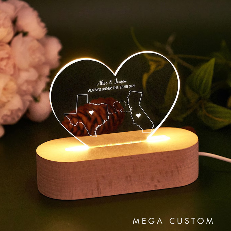 Personalized LED Heart Night Light for Long Distance Relationship New Home Gift Custom Two-State Map Night Light