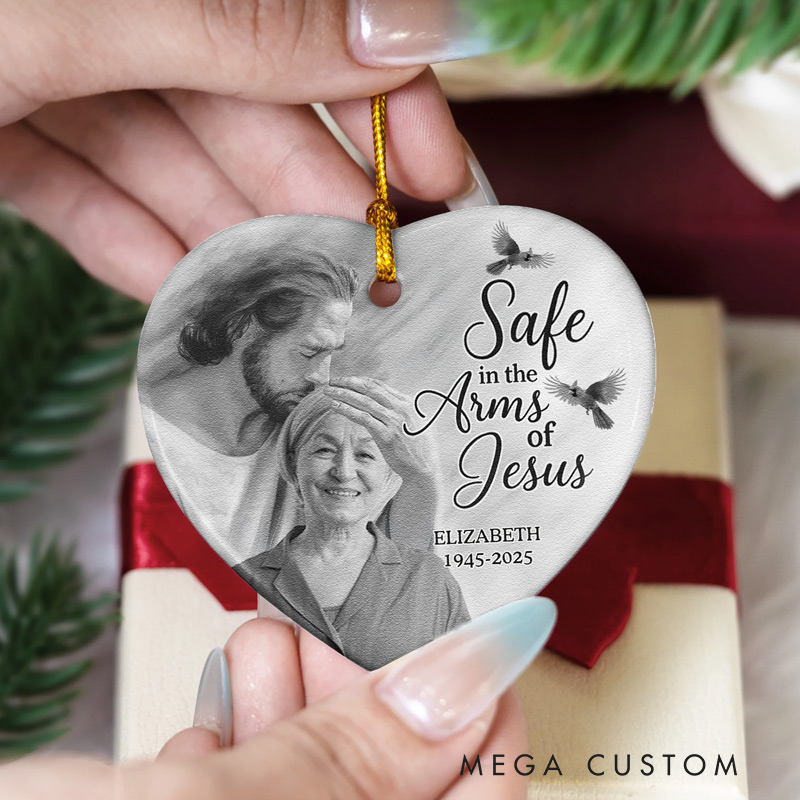 Personalized Memorial Ornament Safe In The Arm Of Jesus Ceramic Photo Ornament for Loss of Loved One