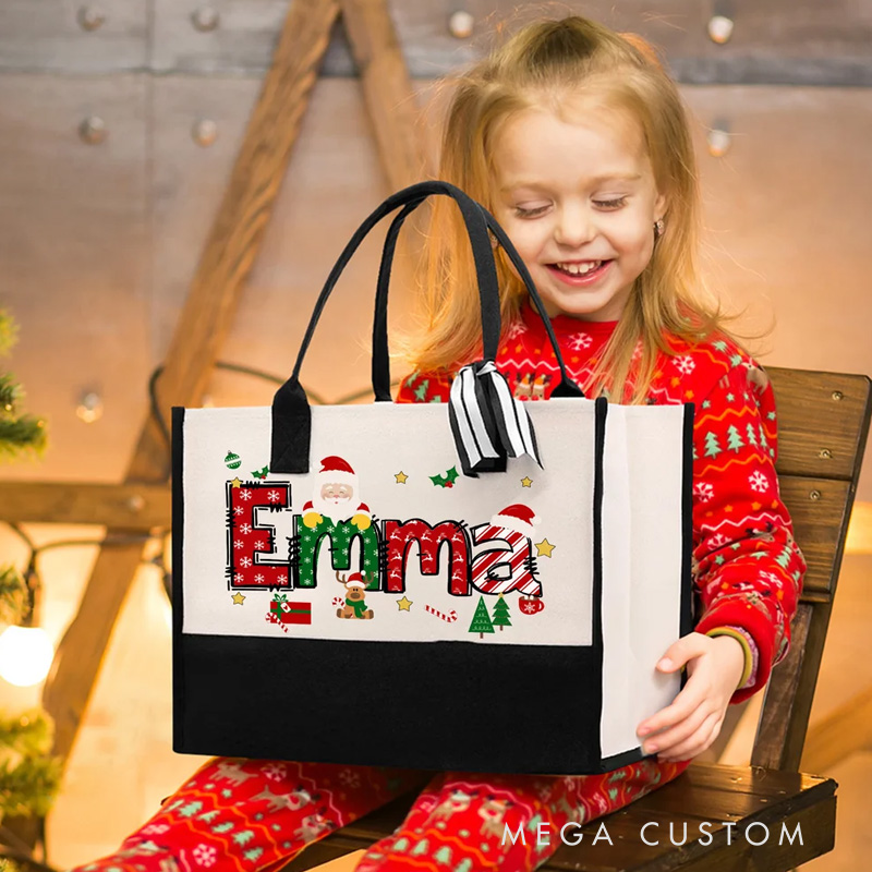 Personalized Santa Claus Elk Large Capacity Canvas Bag with Name Christmas Gift 